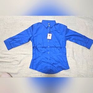 RH69 ladies 3/4 Sleeve Dobby Non-Iron Button-Down Shirt Stripe Blue 100% Cotton